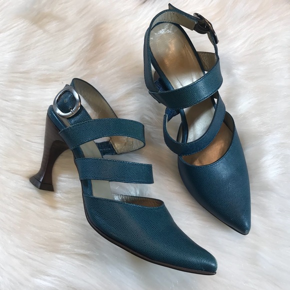 john fluevog Shoes - John Fluevog Teal Embossed Pointed Cutout Heels